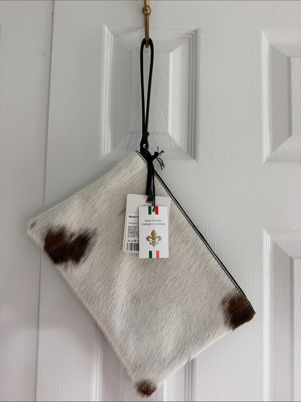MARLON Firenze Hair-on-Hide Cowhide Leather Wristlet Clutch White Brown